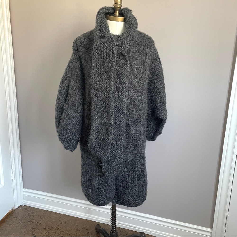 Handmade Gray Chunky Knit Long Cardigan w/ Attached Scarf - Medium - Picture 11 of 12